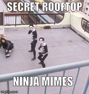 Ninja Mimes | SECRET ROOFTOP; NINJA MIMES | image tagged in ninja,mime,roof,secret | made w/ Imgflip meme maker