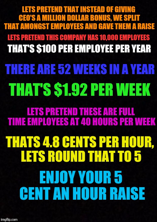 Stop using CEO bonuses/salaries to try and justify a $5 per hour raise in wages | LETS PRETEND THAT INSTEAD OF GIVING CEO'S A MILLION DOLLAR BONUS, WE SPLIT THAT AMONGST EMPLOYEES AND GAVE THEM A RAISE; LETS PRETEND THIS COMPANY HAS 10,000 EMPLOYEES; THAT'S $100 PER EMPLOYEE PER YEAR; THERE ARE 52 WEEKS IN A YEAR; THAT'S $1.92 PER WEEK; LETS PRETEND THESE ARE FULL TIME EMPLOYEES AT 40 HOURS PER WEEK; THATS 4.8 CENTS PER HOUR, LETS ROUND THAT TO 5; ENJOY YOUR 5 CENT AN HOUR RAISE | image tagged in blank | made w/ Imgflip meme maker