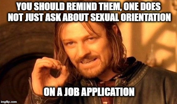 One Does Not Simply Meme | YOU SHOULD REMIND THEM, ONE DOES NOT JUST ASK ABOUT SEXUAL ORIENTATION ON A JOB APPLICATION | image tagged in memes,one does not simply | made w/ Imgflip meme maker