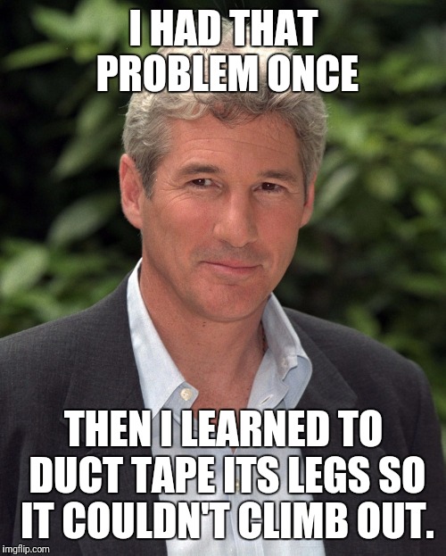 I HAD THAT PROBLEM ONCE THEN I LEARNED TO DUCT TAPE ITS LEGS SO IT COULDN'T CLIMB OUT. | made w/ Imgflip meme maker