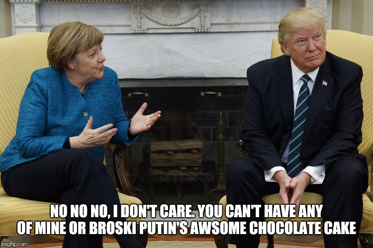German Cake | NO NO NO, I DON'T CARE. YOU CAN'T HAVE ANY OF MINE OR BROSKI PUTIN'S AWSOME CHOCOLATE CAKE | image tagged in memes,trump | made w/ Imgflip meme maker