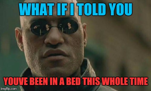 Matrix Morpheus Meme | WHAT IF I TOLD YOU YOUVE BEEN IN A BED THIS WHOLE TIME | image tagged in memes,matrix morpheus | made w/ Imgflip meme maker