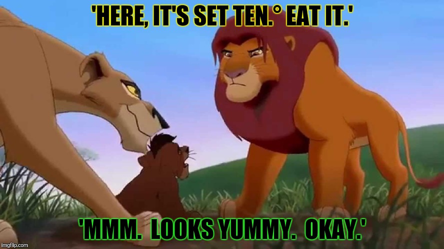 'HERE, IT'S SET TEN.° EAT IT.' 'MMM.  LOOKS YUMMY.  OKAY.' | made w/ Imgflip meme maker