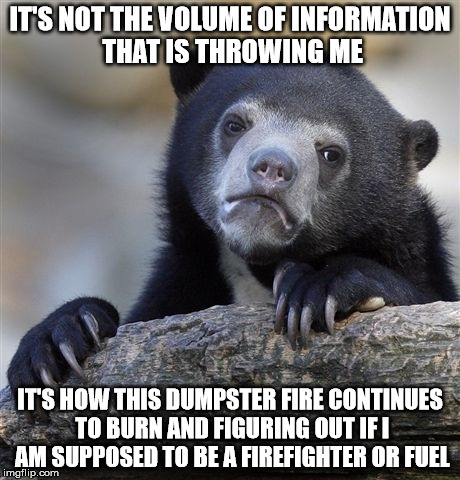 Confession Bear Meme | IT'S NOT THE VOLUME OF INFORMATION THAT IS THROWING ME; IT'S HOW THIS DUMPSTER FIRE CONTINUES TO BURN AND FIGURING OUT IF I AM SUPPOSED TO BE A FIREFIGHTER OR FUEL | image tagged in memes,confession bear,AdviceAnimals | made w/ Imgflip meme maker