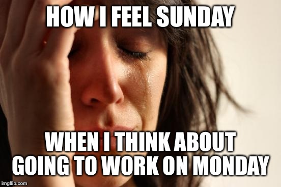 First World Problems | HOW I FEEL SUNDAY; WHEN I THINK ABOUT GOING TO WORK ON MONDAY | image tagged in memes,first world problems | made w/ Imgflip meme maker