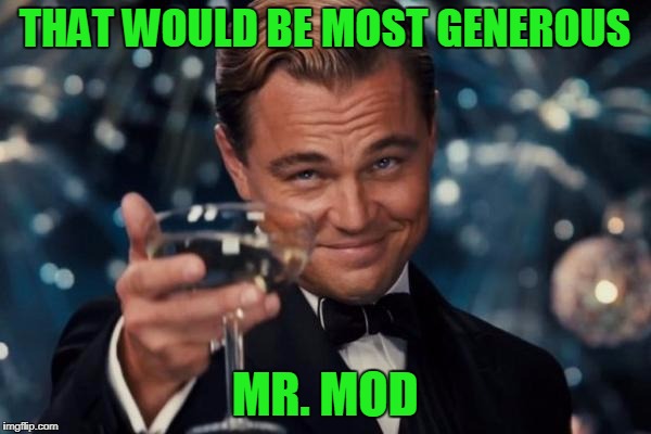 Leonardo Dicaprio Cheers Meme | THAT WOULD BE MOST GENEROUS MR. MOD | image tagged in memes,leonardo dicaprio cheers | made w/ Imgflip meme maker