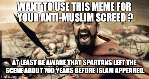 Not to put too fine a point on it, but... | WANT TO USE THIS MEME FOR YOUR ANTI-MUSLIM SCREED ? AT LEAST BE AWARE THAT SPARTANS LEFT THE SCENE ABOUT 700 YEARS BEFORE ISLAM APPEARED. | image tagged in memes,sparta leonidas | made w/ Imgflip meme maker