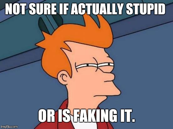 Futurama Fry | NOT SURE IF ACTUALLY STUPID; OR IS FAKING IT. | image tagged in memes,futurama fry | made w/ Imgflip meme maker