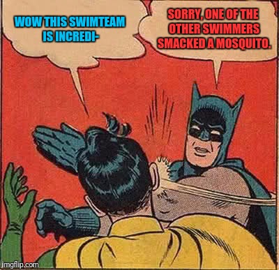 Batman Slapping Robin Meme | WOW THIS SWIMTEAM IS INCREDI- SORRY, ONE OF THE OTHER SWIMMERS SMACKED A MOSQUITO. | image tagged in memes,batman slapping robin | made w/ Imgflip meme maker