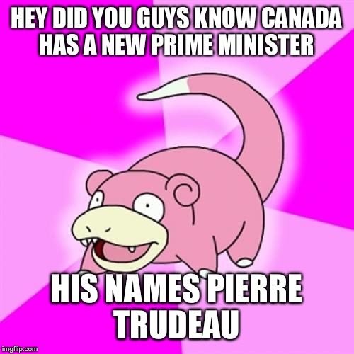 Slowpoke | HEY DID YOU GUYS KNOW CANADA HAS A NEW PRIME MINISTER; HIS NAMES PIERRE TRUDEAU | image tagged in memes,slowpoke | made w/ Imgflip meme maker