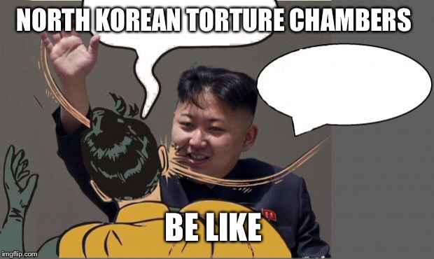 kim jong un Slaping Robin | NORTH KOREAN TORTURE CHAMBERS; BE LIKE | image tagged in kim jong un slaping robin | made w/ Imgflip meme maker