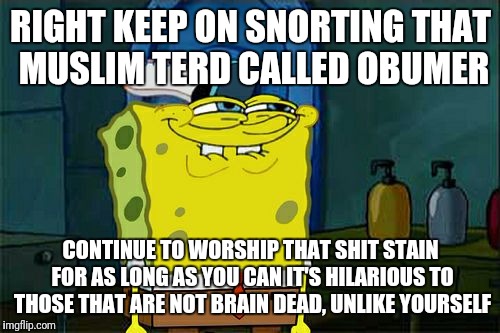 Don't You Squidward Meme | RIGHT KEEP ON SNORTING THAT MUSLIM TERD CALLED OBUMER CONTINUE TO WORSHIP THAT SHIT STAIN FOR AS LONG AS YOU CAN IT'S HILARIOUS TO THOSE THA | image tagged in memes,dont you squidward | made w/ Imgflip meme maker