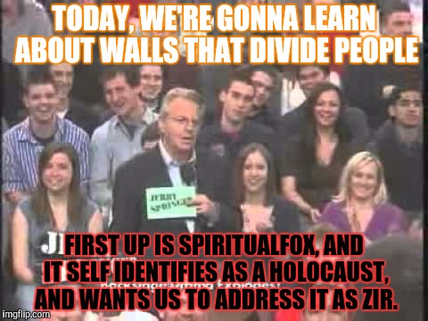 TODAY, WE'RE GONNA LEARN ABOUT WALLS THAT DIVIDE PEOPLE FIRST UP IS SPIRITUALFOX, AND IT SELF IDENTIFIES AS A HOLOCAUST, AND WANTS US TO ADD | made w/ Imgflip meme maker