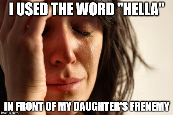 Try to not be hip in front of the kids. | I USED THE WORD "HELLA"; IN FRONT OF MY DAUGHTER'S FRENEMY | image tagged in memes,first world problems,hella | made w/ Imgflip meme maker