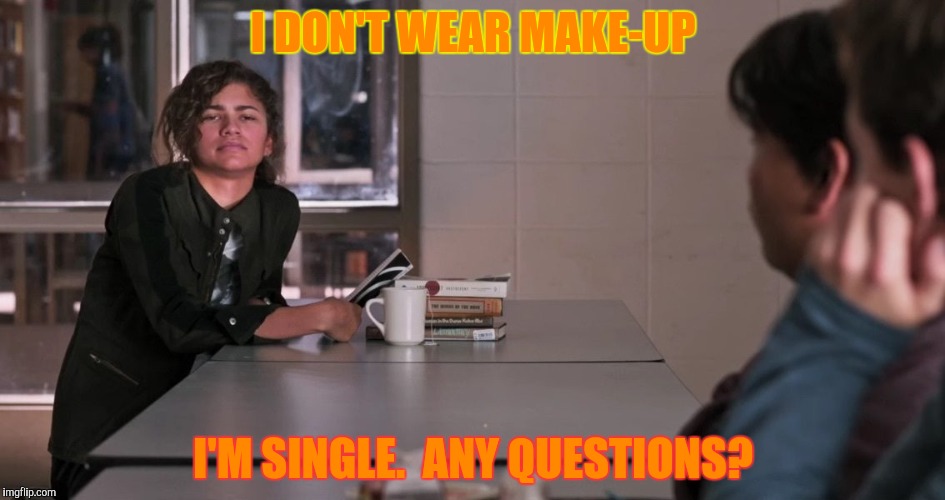 I DON'T WEAR MAKE-UP I'M SINGLE.  ANY QUESTIONS? | made w/ Imgflip meme maker