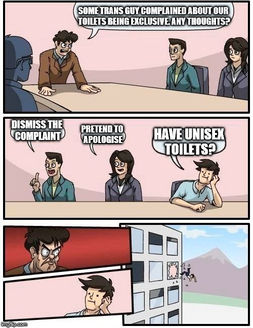 Gender Inclusive Toilets | SOME TRANS GUY COMPLAINED ABOUT OUR TOILETS BEING EXCLUSIVE. ANY THOUGHTS? DISMISS THE COMPLAINT; PRETEND TO APOLOGISE; HAVE UNISEX TOILETS? | image tagged in memes,boardroom meeting suggestion,transgender,gender,trans,inclusive | made w/ Imgflip meme maker
