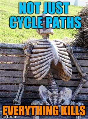 Waiting Skeleton Meme | NOT JUST CYCLE PATHS EVERYTHING KILLS | image tagged in memes,waiting skeleton | made w/ Imgflip meme maker
