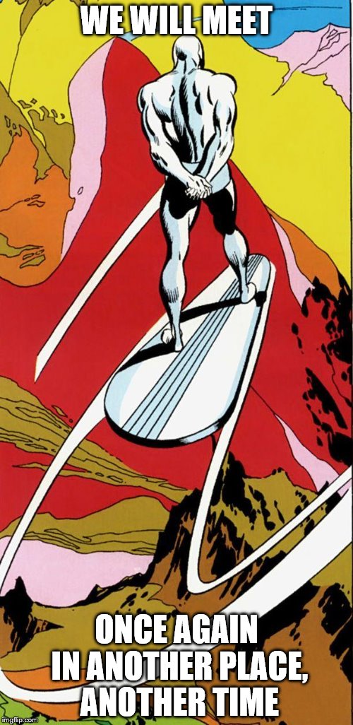 Silver Surfer Leaving | WE WILL MEET; ONCE AGAIN IN ANOTHER PLACE, ANOTHER TIME | image tagged in silver surfer leaving | made w/ Imgflip meme maker