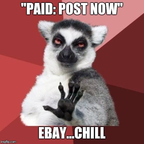 I don't spend my days camped outside the Post Office hoping someone buys my stuff... | "PAID: POST NOW"; EBAY...CHILL | image tagged in memes,chill out lemur | made w/ Imgflip meme maker
