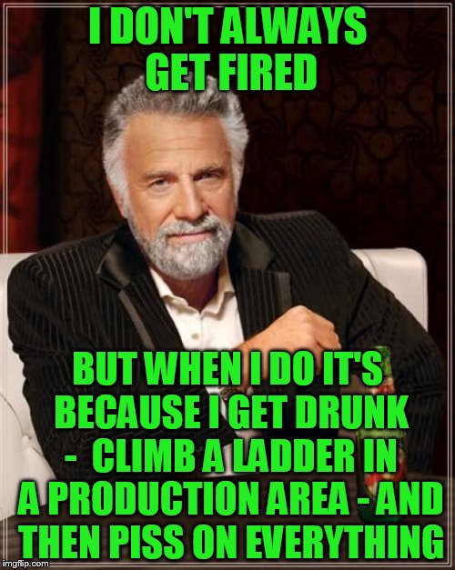 So, tell me why you were fired from your last job! | I DON'T ALWAYS GET FIRED; BUT WHEN I DO IT'S BECAUSE I GET DRUNK -  CLIMB A LADDER IN A PRODUCTION AREA - AND THEN PISS ON EVERYTHING | image tagged in memes,the most interesting man in the world | made w/ Imgflip meme maker