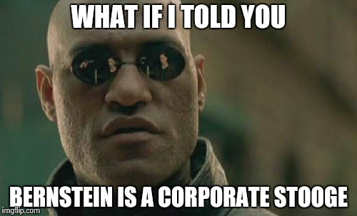 Matrix Morpheus Meme | WHAT IF I TOLD YOU BERNSTEIN IS A CORPORATE STOOGE | image tagged in memes,matrix morpheus | made w/ Imgflip meme maker