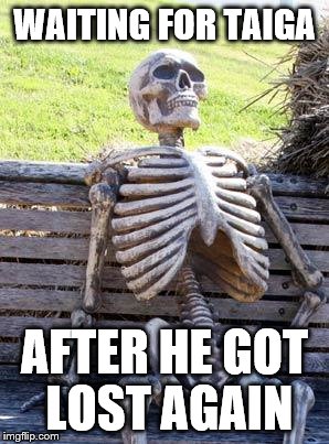 Waiting Skeleton Meme | WAITING FOR TAIGA; AFTER HE GOT LOST AGAIN | image tagged in memes,waiting skeleton | made w/ Imgflip meme maker