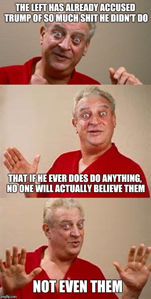 bad pun Dangerfield  | THE LEFT HAS ALREADY ACCUSED TRUMP OF SO MUCH SHIT HE DIDN'T DO; THAT IF HE EVER DOES DO ANYTHING, NO ONE WILL ACTUALLY BELIEVE THEM; NOT EVEN THEM | image tagged in bad pun dangerfield | made w/ Imgflip meme maker