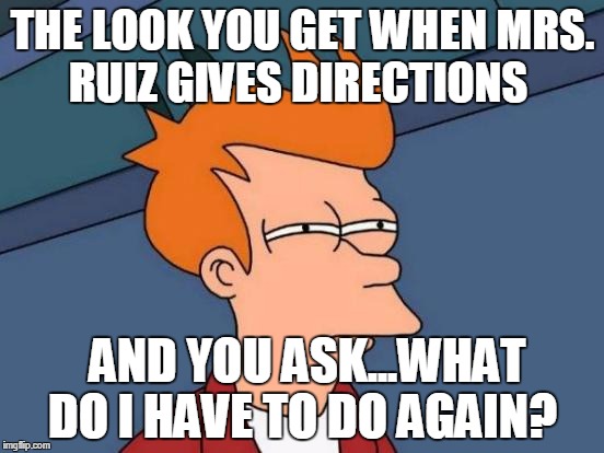 Futurama Fry | THE LOOK YOU GET WHEN MRS. RUIZ GIVES DIRECTIONS; AND YOU ASK...WHAT DO I HAVE TO DO AGAIN? | image tagged in memes,futurama fry | made w/ Imgflip meme maker