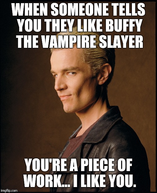 Spike | WHEN SOMEONE TELLS YOU THEY LIKE BUFFY THE VAMPIRE SLAYER; YOU'RE A PIECE OF WORK... I LIKE YOU. | image tagged in spike | made w/ Imgflip meme maker