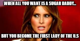 All she wanted was a sugar daddy... | WHEN ALL YOU WANT IS A SUGAR DADDY... BUT YOU BECOME THE FIRST LADY OF THE U.S | image tagged in melania trump,sugar daddy,donald trump,first lasy,first lady | made w/ Imgflip meme maker