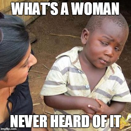 Third World Skeptical Kid | WHAT'S A WOMAN; NEVER HEARD OF IT | image tagged in memes,third world skeptical kid | made w/ Imgflip meme maker