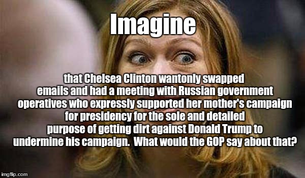 Collusion | Imagine; that Chelsea Clinton wantonly swapped emails and had a meeting with Russian government operatives who expressly supported her mother's campaign for presidency for the sole and detailed purpose of getting dirt against Donald Trump to undermine his campaign.  What would the GOP say about that? | image tagged in donald trump jr | made w/ Imgflip meme maker