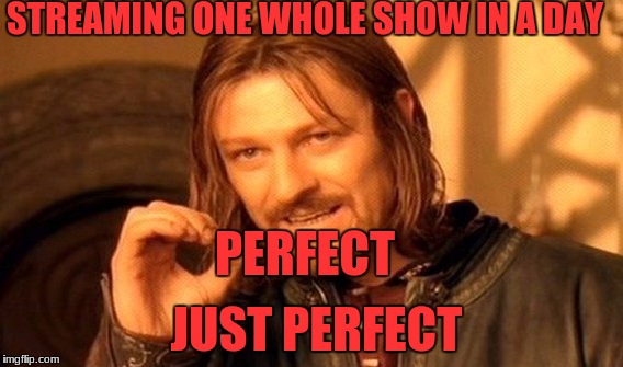 One Does Not Simply Meme | STREAMING ONE WHOLE SHOW IN A DAY; PERFECT; JUST PERFECT | image tagged in memes,one does not simply | made w/ Imgflip meme maker