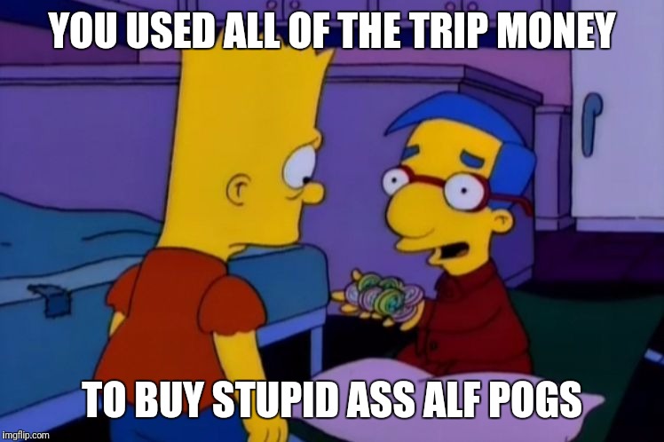 Alf is back - Milhouse from The Simpsons | YOU USED ALL OF THE TRIP MONEY; TO BUY STUPID ASS ALF POGS | image tagged in alf is back - milhouse from the simpsons | made w/ Imgflip meme maker