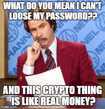 Ron Burgandy | WHAT DO YOU MEAN I CAN'T LOOSE MY PASSWORD?? AND THIS CRYPTO THING IS LIKE REAL MONEY? | image tagged in ron burgandy | made w/ Imgflip meme maker