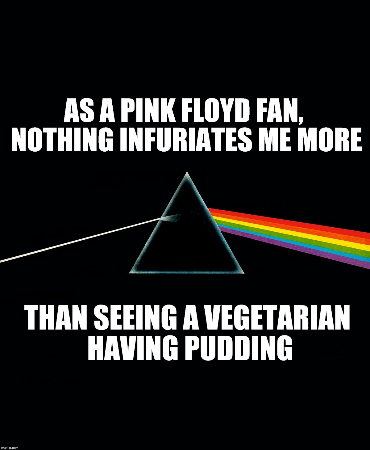 No Pudding For You! | AS A PINK FLOYD FAN, NOTHING INFURIATES ME MORE; THAN SEEING A VEGETARIAN HAVING PUDDING | image tagged in pink floyd | made w/ Imgflip meme maker