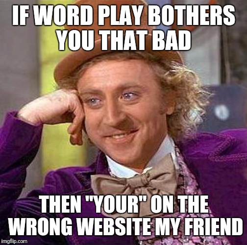 Creepy Condescending Wonka Meme | IF WORD PLAY BOTHERS YOU THAT BAD THEN "YOUR" ON THE WRONG WEBSITE MY FRIEND | image tagged in memes,creepy condescending wonka | made w/ Imgflip meme maker