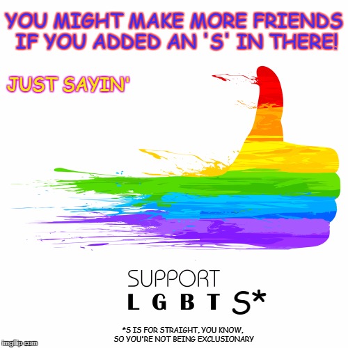 LGBTS | YOU MIGHT MAKE MORE FRIENDS IF YOU ADDED AN 'S' IN THERE! JUST SAYIN'; S*; *S IS FOR STRAIGHT, YOU KNOW, SO YOU'RE NOT BEING EXCLUSIONARY | image tagged in support-lgbt,support-lgbts,equal rights,equality,civil rights | made w/ Imgflip meme maker