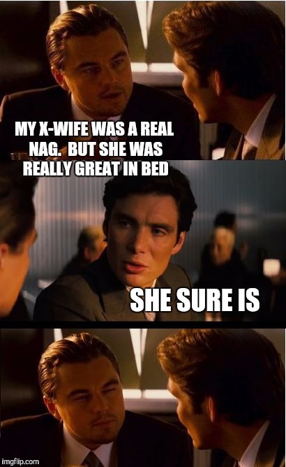 #Awkward  | MY X-WIFE WAS A REAL NAG.  BUT SHE WAS REALLY GREAT IN BED; SHE SURE IS | image tagged in memes,inception,jbmemegeek,leonardo dicaprio | made w/ Imgflip meme maker