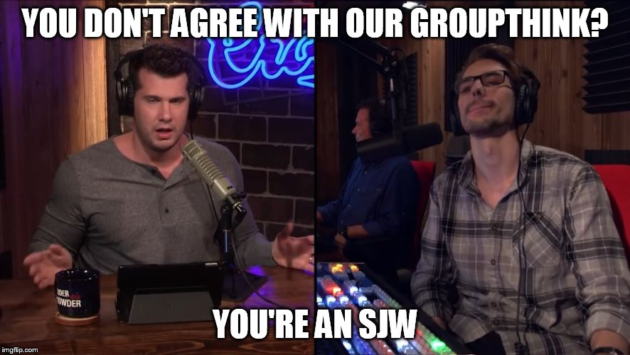 YOU DON'T AGREE WITH OUR GROUPTHINK? YOU'RE AN SJW | image tagged in sjw,dropout conservative,college conservative,conservative logic | made w/ Imgflip meme maker