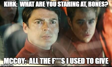 McCoy's Epiphany  | KIRK:  WHAT ARE YOU STARING AT, BONES? MCCOY:  ALL THE F***S I USED TO GIVE | image tagged in star trek,captain kirk,leonard mccoy | made w/ Imgflip meme maker