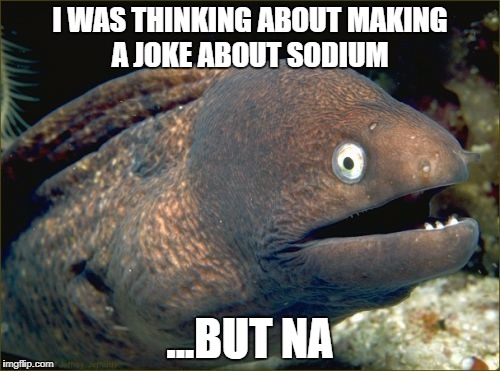 Sodium Joke | I WAS THINKING ABOUT MAKING A JOKE ABOUT SODIUM; ...BUT NA | image tagged in memes,bad joke eel | made w/ Imgflip meme maker