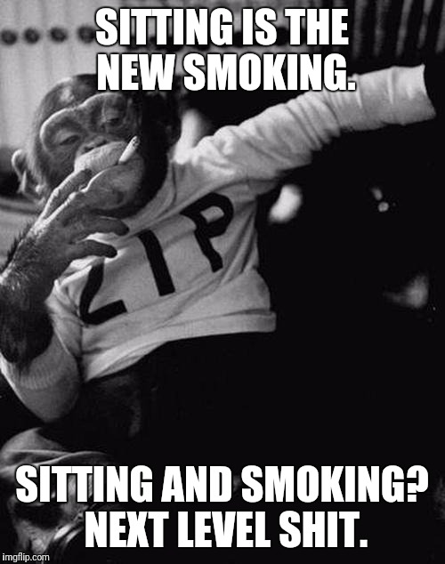 smoking monkey  | SITTING IS THE NEW SMOKING. SITTING AND SMOKING? NEXT LEVEL SHIT. | image tagged in smoking monkey,memes | made w/ Imgflip meme maker