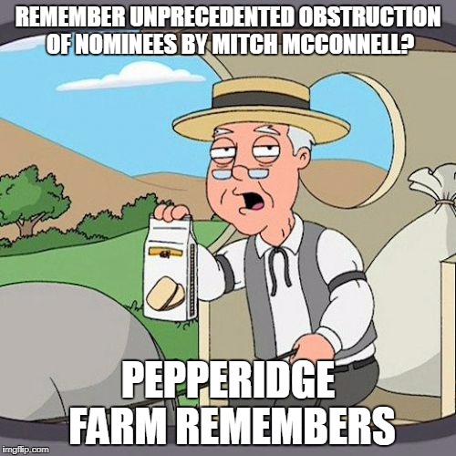 Mitch McConnell says he has delayed August recess "due to this unprecedented level of obstruction" on nominees.  | REMEMBER UNPRECEDENTED OBSTRUCTION OF NOMINEES BY MITCH MCCONNELL? PEPPERIDGE FARM REMEMBERS | image tagged in memes,pepperidge farm remembers,mitch mcconnell | made w/ Imgflip meme maker