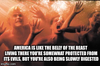 America is Like... | AMERICA IS LIKE THE BELLY OF THE BEAST LIVING THERE YOU'RE SOMEWHAT PROTECTED FROM ITS EVILS, BUT YOU'RE ALSO BEING SLOWLY DIGESTED | image tagged in belly,beast,digested,evil | made w/ Imgflip meme maker