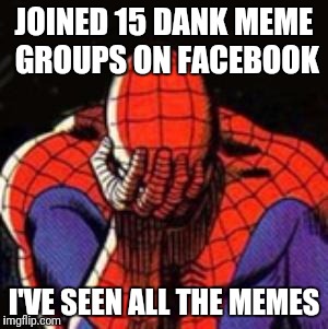 Sad Spiderman | JOINED 15 DANK MEME GROUPS ON FACEBOOK; I'VE SEEN ALL THE MEMES | image tagged in memes,sad spiderman,spiderman | made w/ Imgflip meme maker