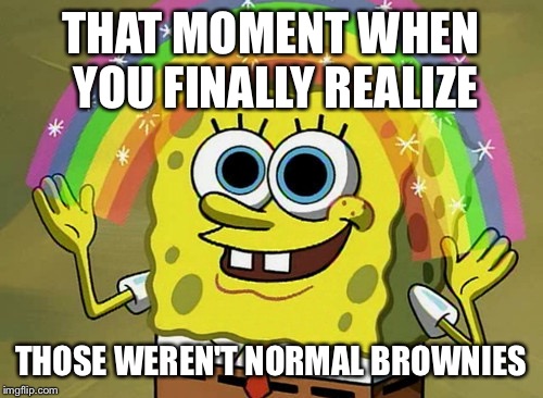 I went to a party and they had brownies. I got the idea for this meme after I saw the effects on the people who ate them. | THAT MOMENT WHEN YOU FINALLY REALIZE; THOSE WEREN'T NORMAL BROWNIES | image tagged in memes,imagination spongebob,pot | made w/ Imgflip meme maker