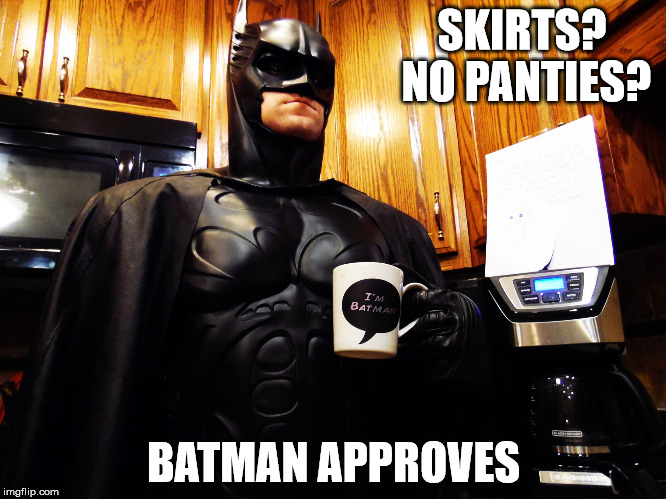 Batman coffee break | SKIRTS? NO PANTIES? BATMAN APPROVES | image tagged in batman coffee break | made w/ Imgflip meme maker