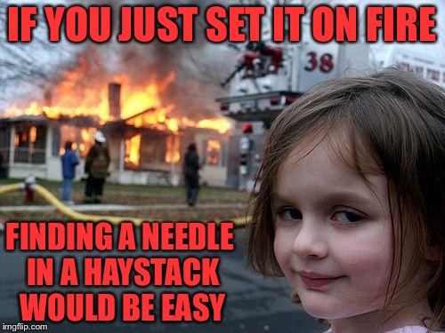 Disaster Girl | IF YOU JUST SET IT ON FIRE; FINDING A NEEDLE IN A HAYSTACK WOULD BE EASY | image tagged in memes,disaster girl | made w/ Imgflip meme maker