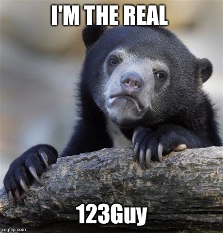 I saw your tag TigerLegend1046 and I noticed the hyphen instead of an underscore. My email is verified AndrewFinlayson. | I'M THE REAL; 123Guy | image tagged in memes,confession bear | made w/ Imgflip meme maker
